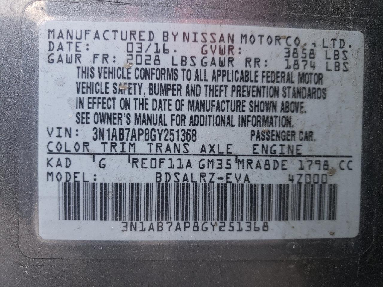 2016 Nissan Sentra VIN 3N1AB7AP8GY251368 Copart auction photo, all over / hail damage thumbnail 12