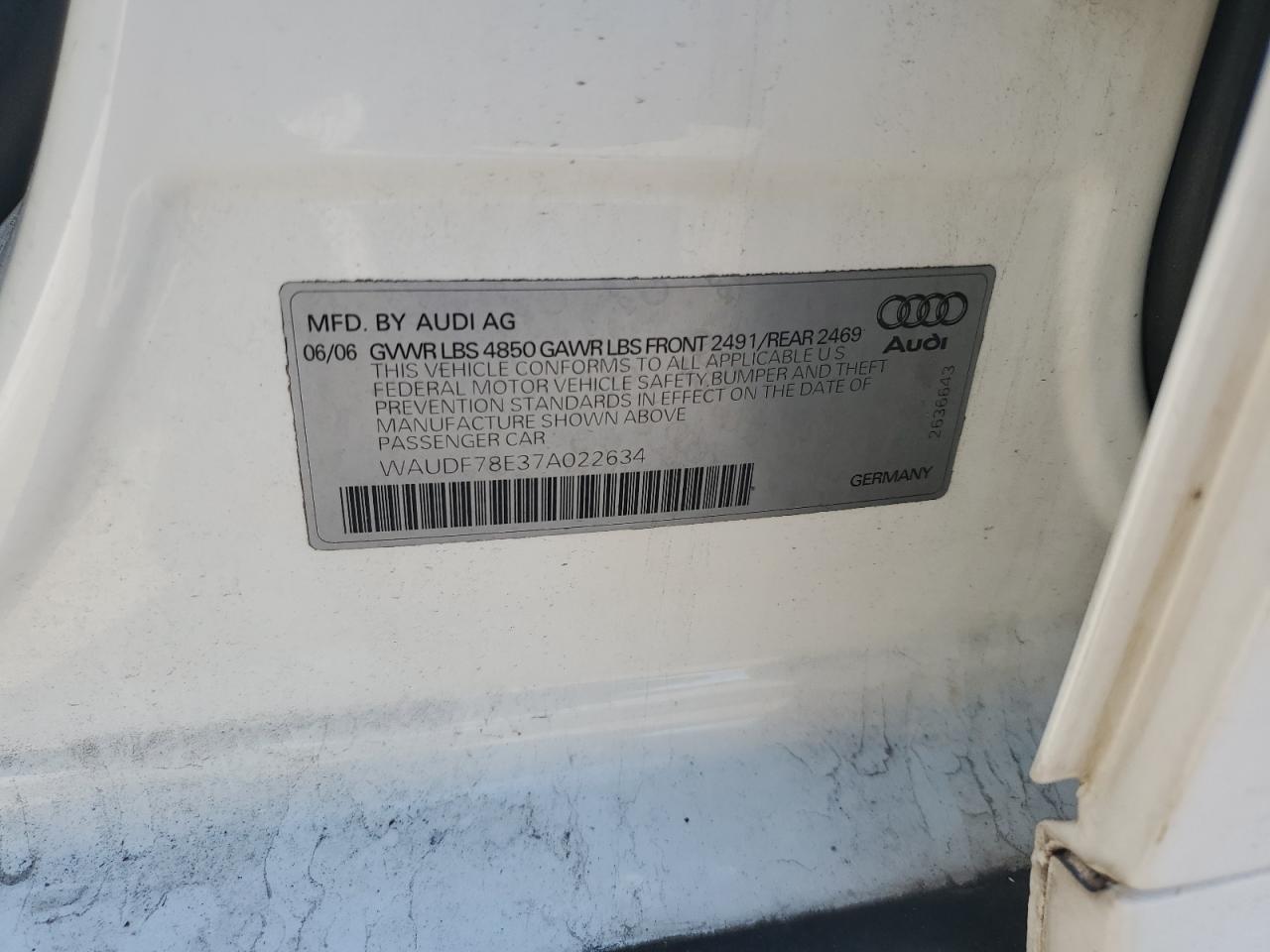 2007 Audi A4 VIN WAUDF78E37A022634 Copart auction photo, front end damage thumbnail 12