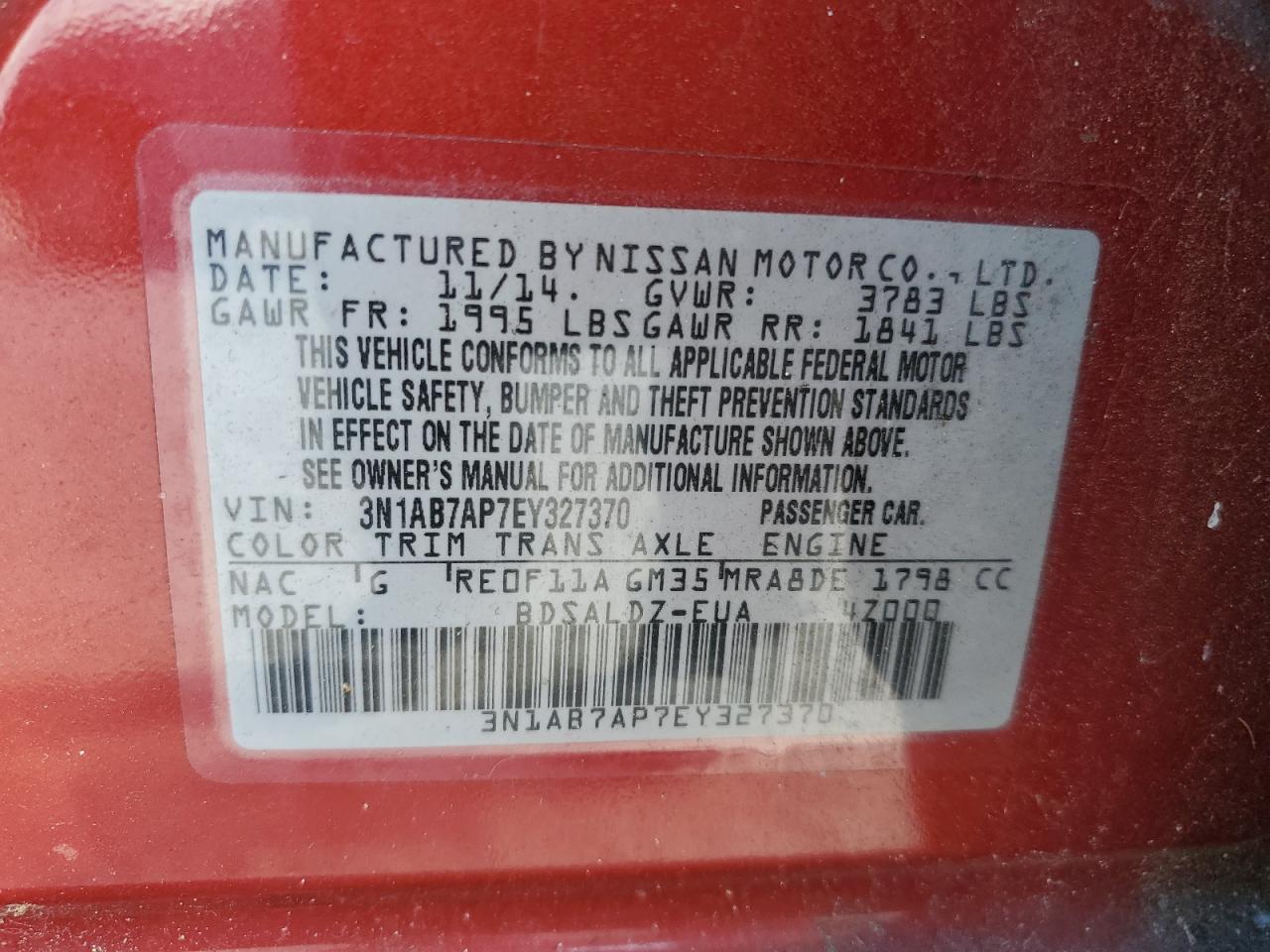 2014 Nissan Sentra VIN 3N1AB7AP7EY327370 Copart auction photo, minor dent/scratches damage thumbnail 12
