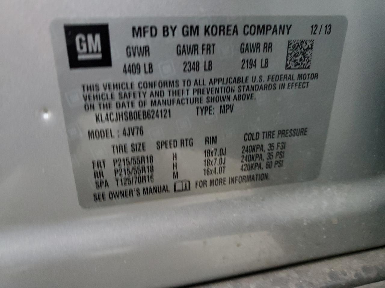 2014 Buick Encore VIN KL4CJHSB0EB624121 Copart auction photo, front end damage thumbnail 12