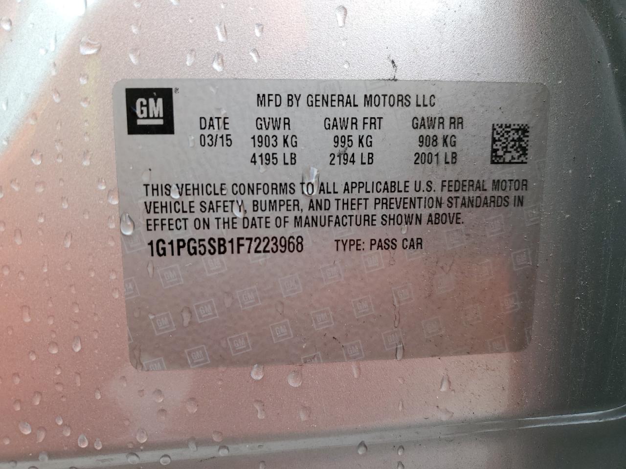 2015 Chevrolet Cruze VIN 1G1PG5SB1F7223968 Copart auction photo, front end damage thumbnail 12
