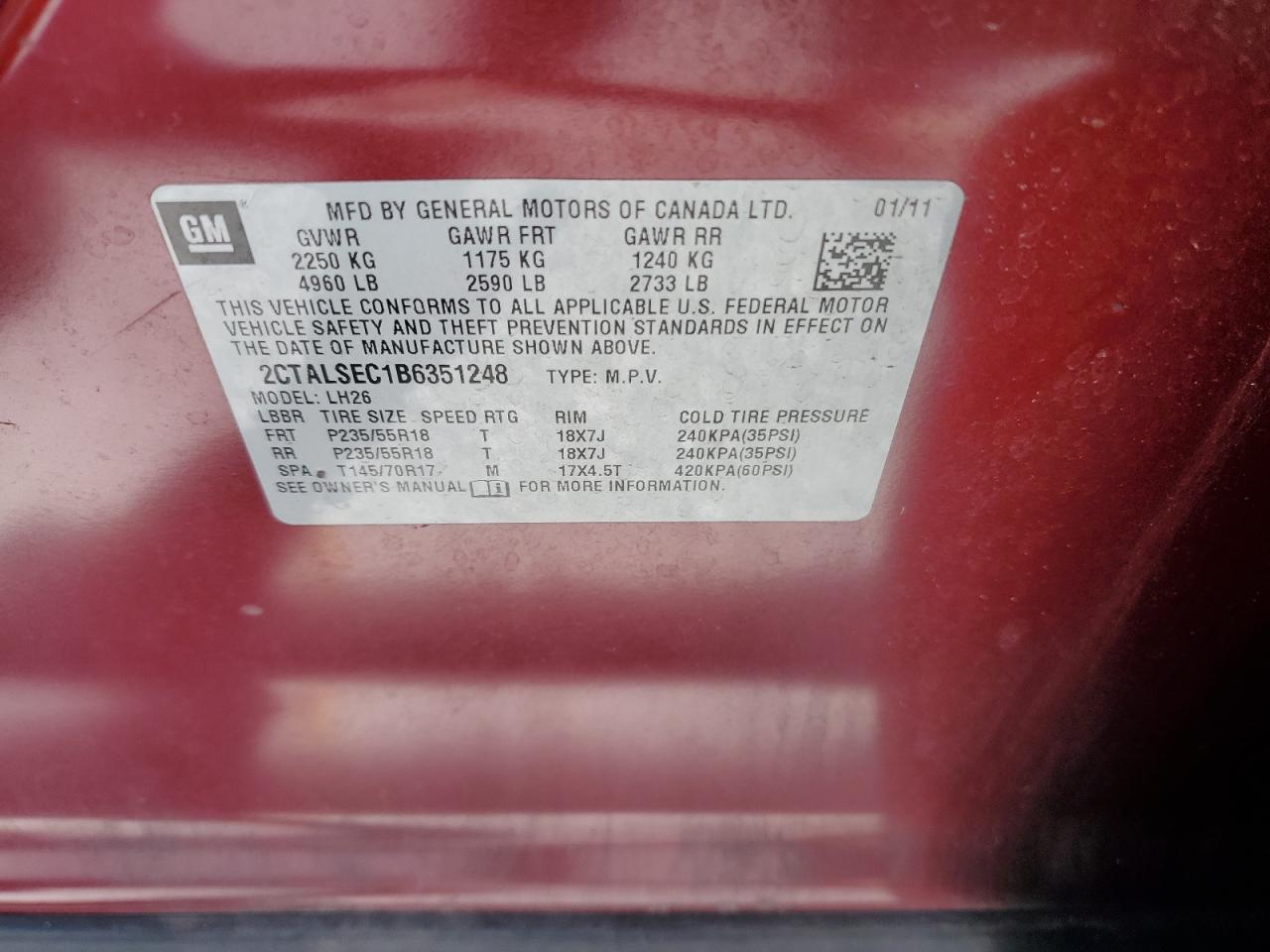 2011 GMC Terrain VIN 2CTALSEC1B6351248 Copart auction photo, side damage thumbnail 13