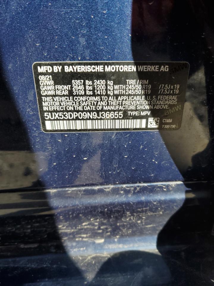 2022 BMW X3 VIN 5UX53DP09N9J36655 Copart auction photo, side damage thumbnail 15