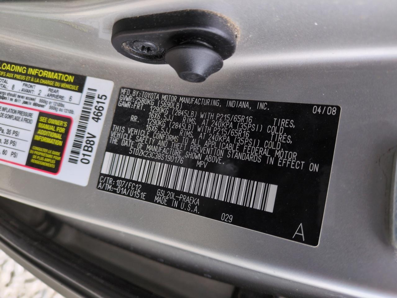 2008 Toyota Sienna VIN 5TDZK23C38S190176 Copart auction photo, rear end damage thumbnail 14