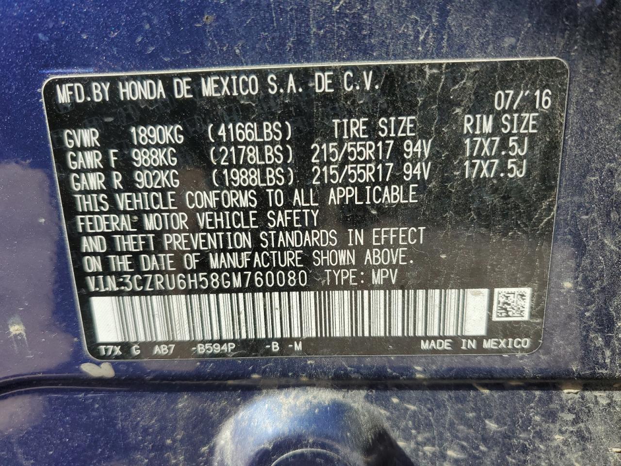 2016 Honda HR-V VIN 3CZRU6H58GM760080 Copart auction photo, front end / side damage thumbnail 12