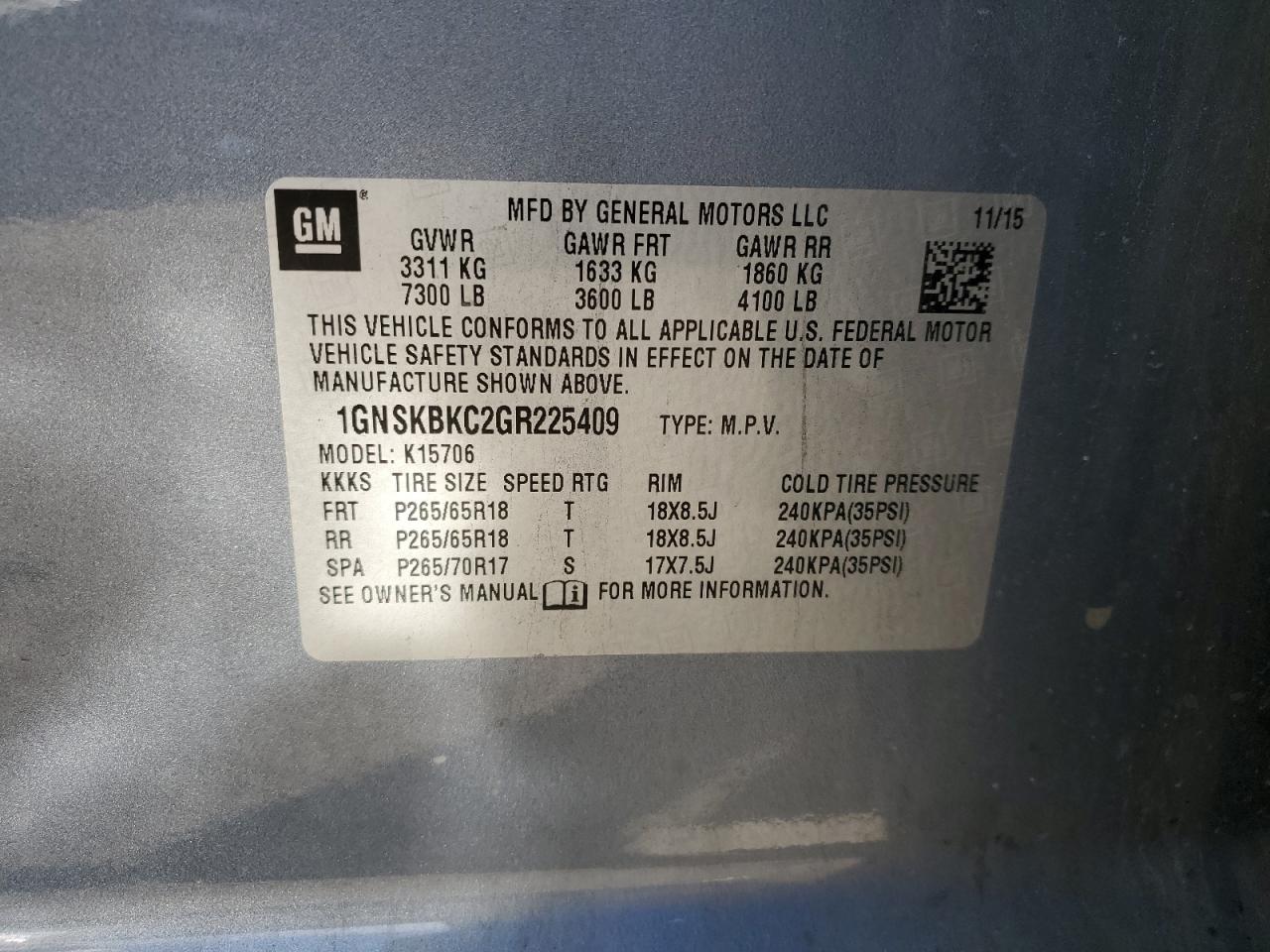 2016 Chevrolet Tahoe VIN 1GNSKBKC2GR225409 Copart auction photo, all over damage thumbnail 12