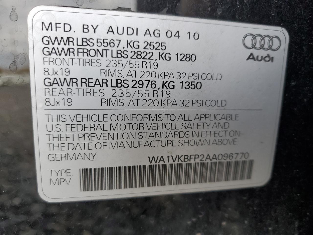 2010 Audi Q5 VIN WA1VKBFP2AA096770 Copart auction photo, front end / side damage thumbnail 16