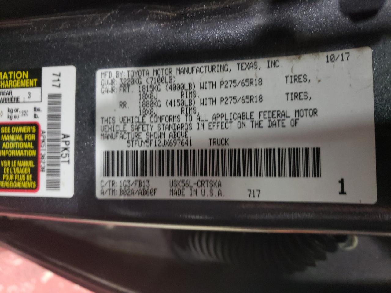 2018 Toyota Tundra VIN 5TFUY5F12JX697641 Copart auction photo, rear end damage thumbnail 12