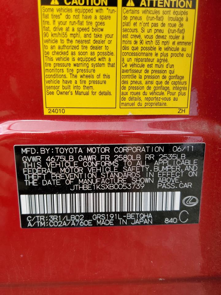 2011 Lexus GS VIN JTHBE1KSXB0053739 Copart auction photo, all over damage thumbnail 15