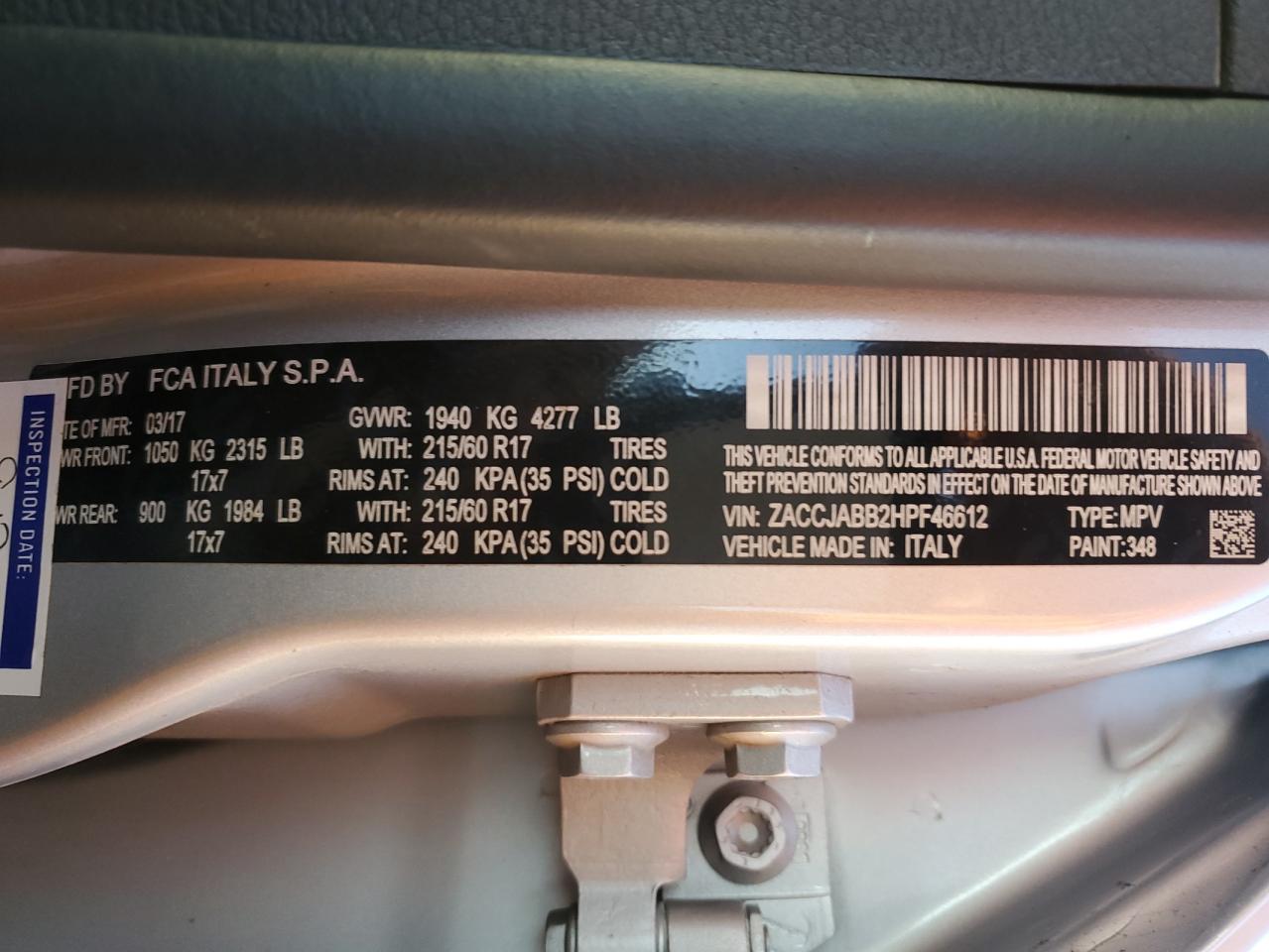2017 Jeep Renegade VIN ZACCJABB2HPF46612 Copart auction photo, front end damage thumbnail 14