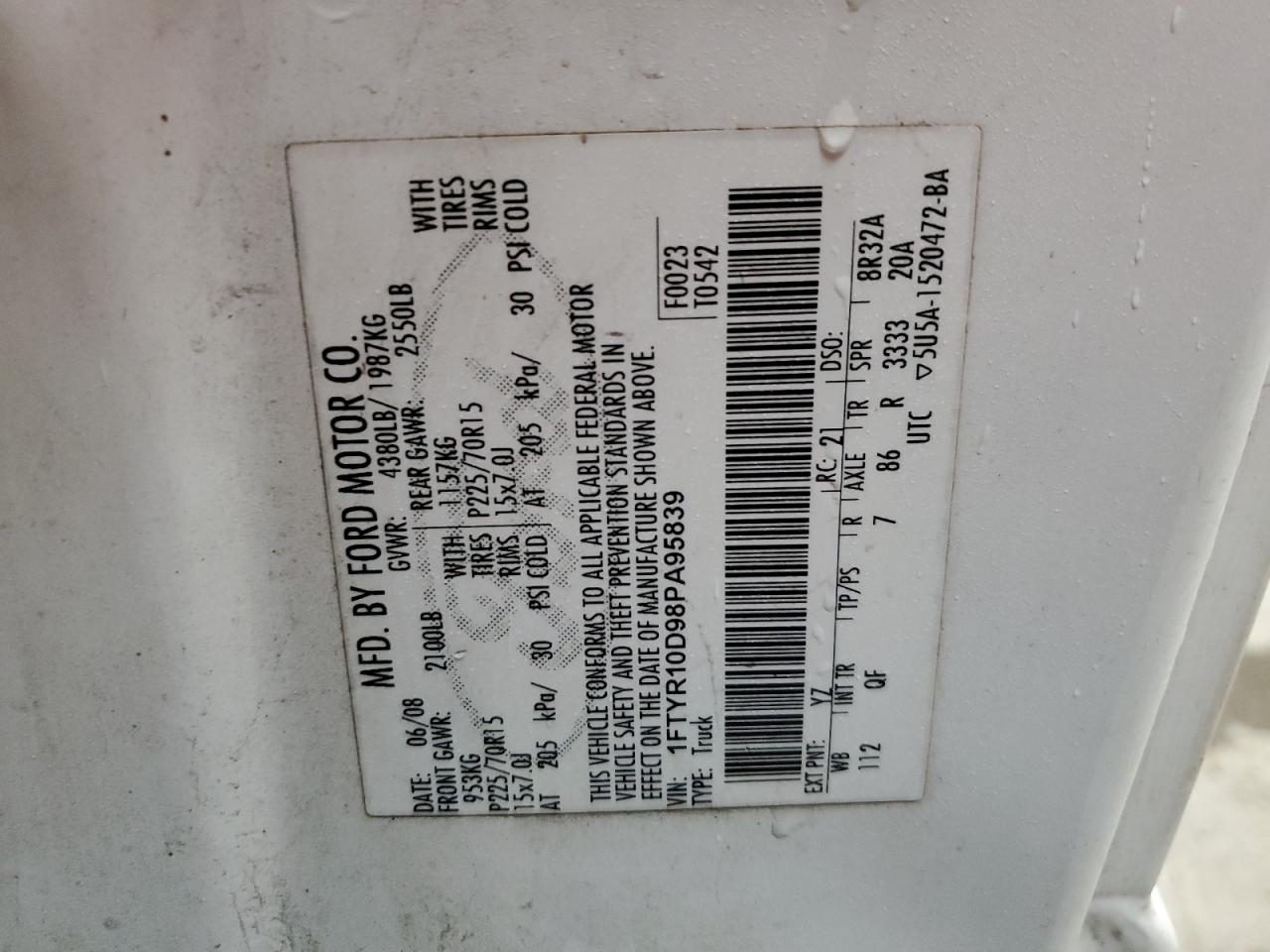 2008 Ford Ranger VIN 1FTYR10D98PA95839 Copart auction photo, front end damage thumbnail 14
