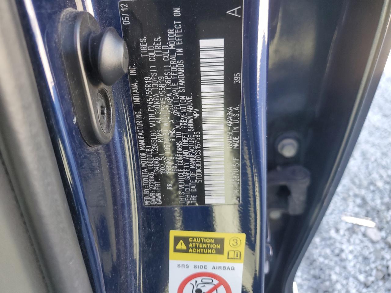 2012 Toyota Highlander VIN 5TDDK3EH7CS157585 Copart auction photo, front end damage thumbnail 14