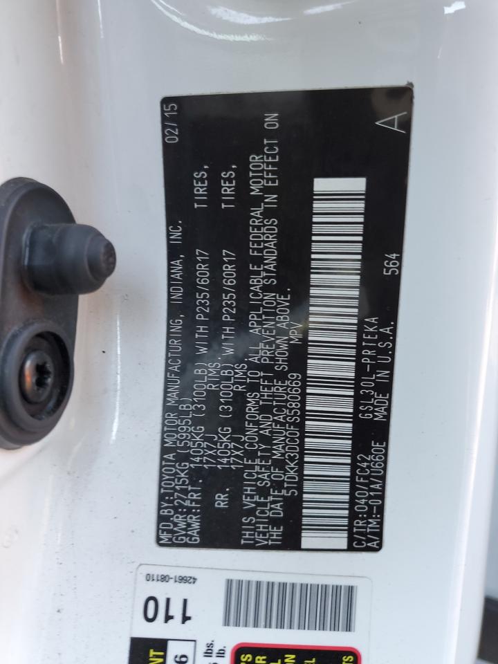 2015 Toyota Sienna VIN 5TDKK3DC0FS580669 Copart auction photo, rear end damage thumbnail 16