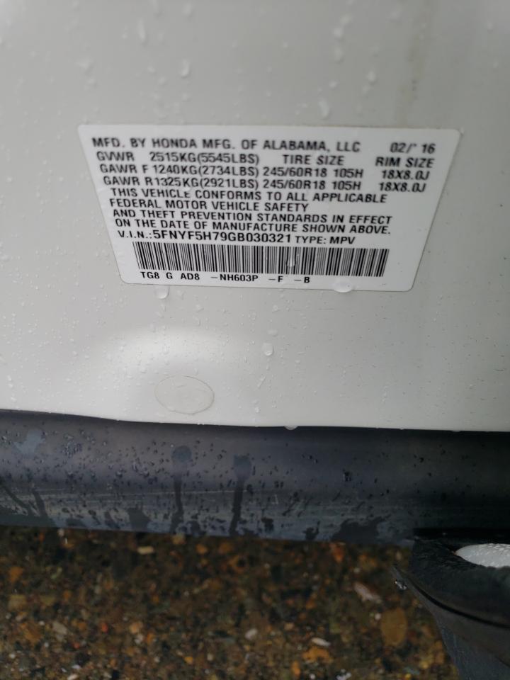 2016 Honda Pilot VIN 5FNYF5H79GB030321 Copart auction photo, front end / all over damage thumbnail 13