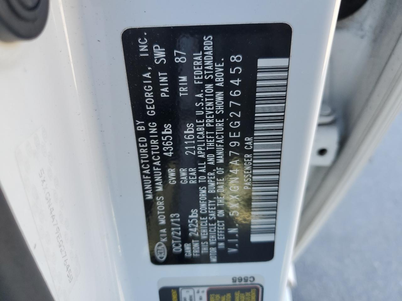 2014 KIA Optima VIN 5XXGN4A79EG276458 Copart auction photo, front end / rear end damage thumbnail 12