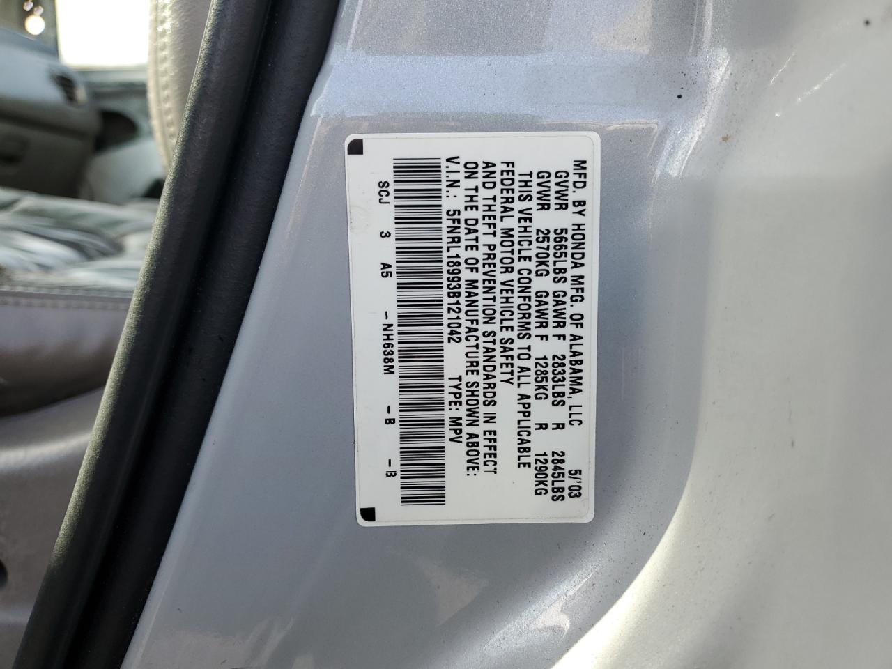 2003 Honda Odyssey VIN 5FNRL18993B121042 Copart auction photo, front end / side damage thumbnail 14