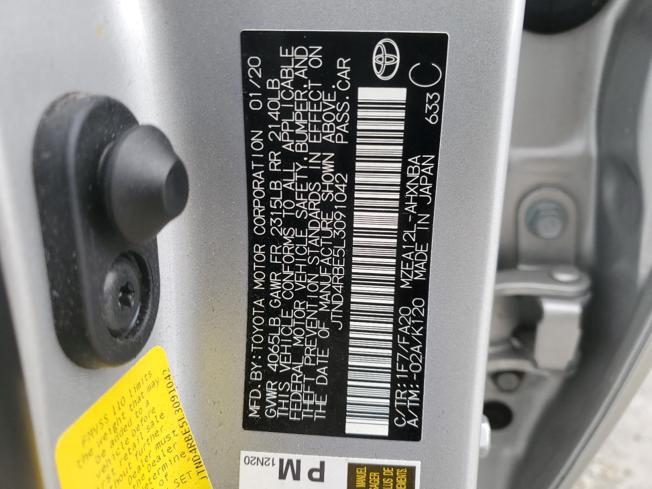 2020 Toyota Corolla VIN JTND4RBE5L3091042 Copart auction photo, all over damage thumbnail 12