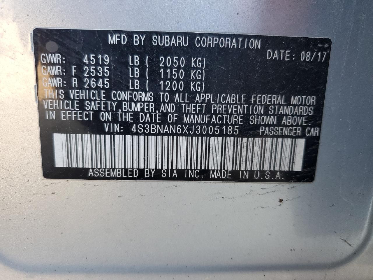 2018 Subaru Legacy VIN 4S3BNAN6XJ3005185 Copart auction photo, all over damage thumbnail 12