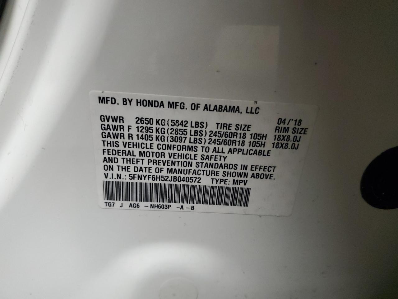 2018 Honda Pilot VIN 5FNYF6H52JB040572 Copart auction photo, front end damage thumbnail 13
