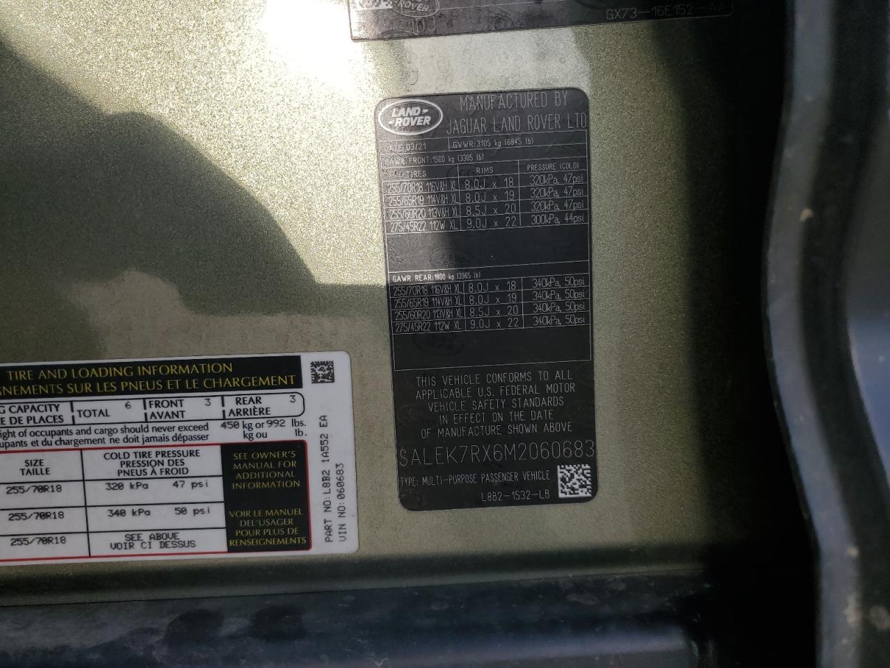 2021 Land Rover Defender VIN SALEK7RX6M2060683 Copart auction photo, front end / hail damage thumbnail 16