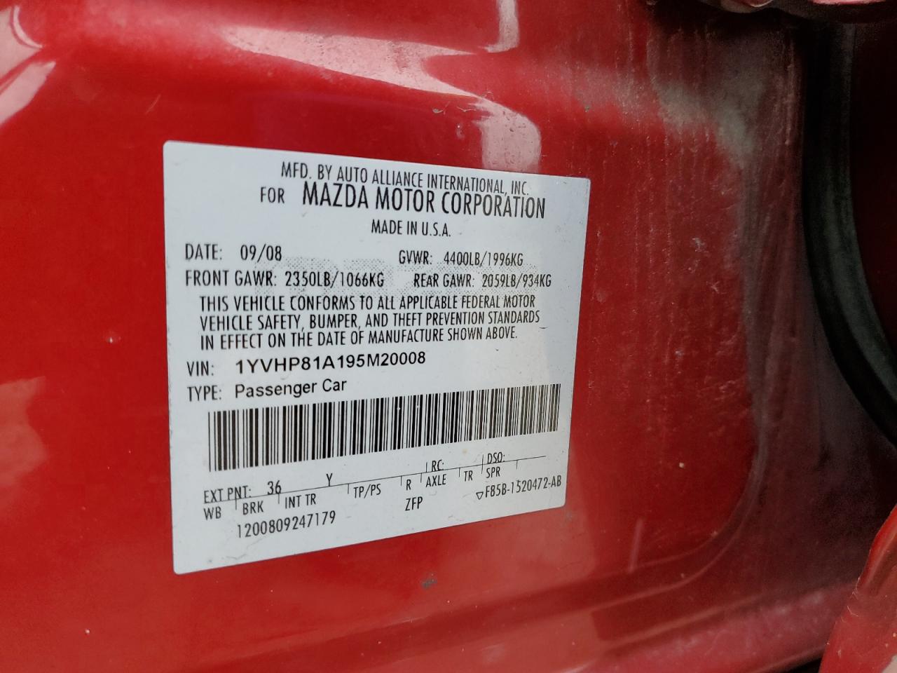 2009 Mazda 6 VIN 1YVHP81A195M20008 Copart auction photo, front end damage thumbnail 14