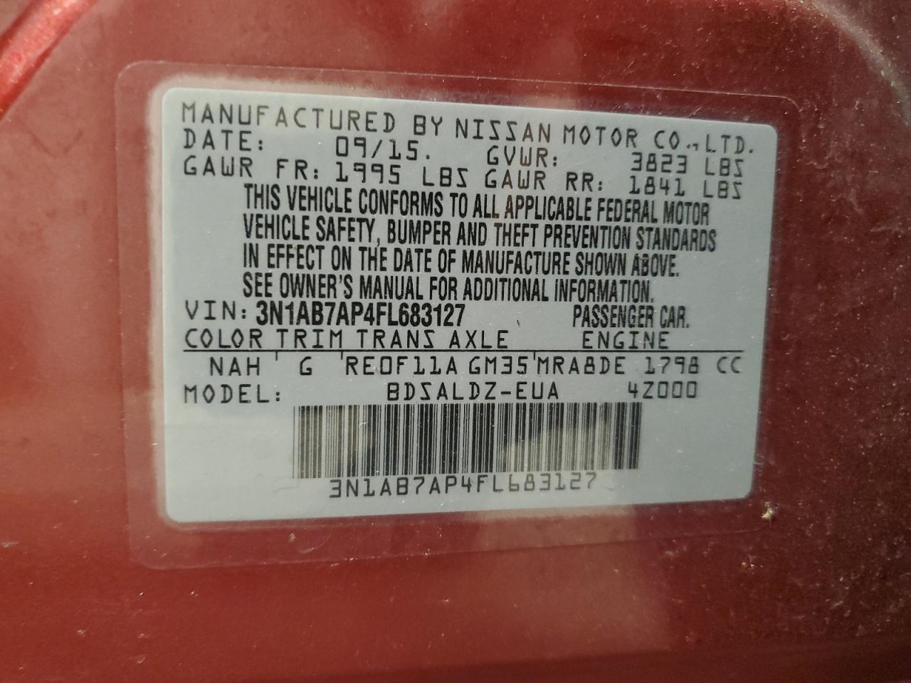 2015 Nissan Sentra VIN 3N1AB7AP4FL683127 Copart auction photo, rear end / front end damage thumbnail 12