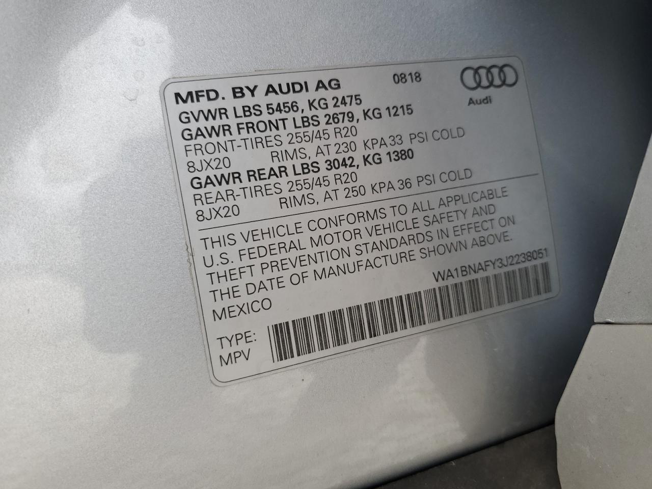2018 Audi Q5 VIN WA1BNAFY3J2238051 Copart auction photo, front end / mechanical damage thumbnail 13