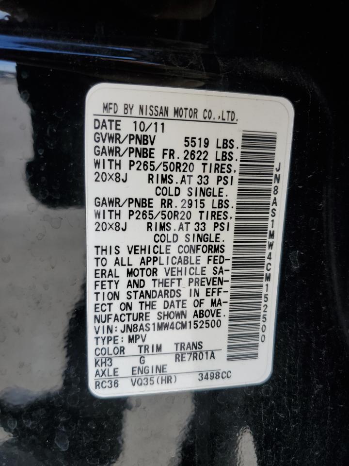 2012 Infiniti FX VIN JN8AS1MW4CM152500 Copart auction photo, side / rear end damage thumbnail 13