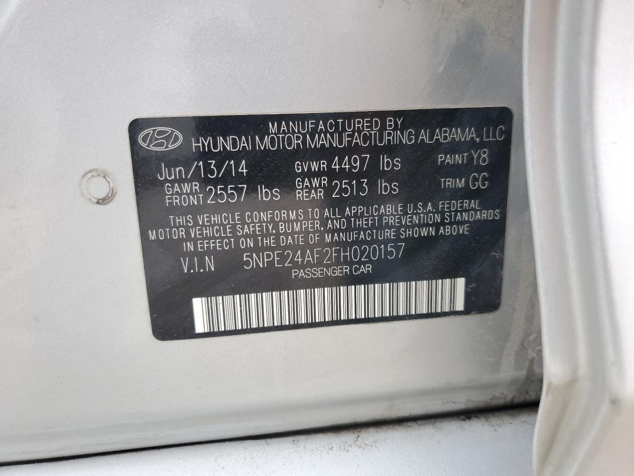 2015 Hyundai Sonata VIN 5NPE24AF2FH020157 Copart auction photo, front end / rear end damage thumbnail 12
