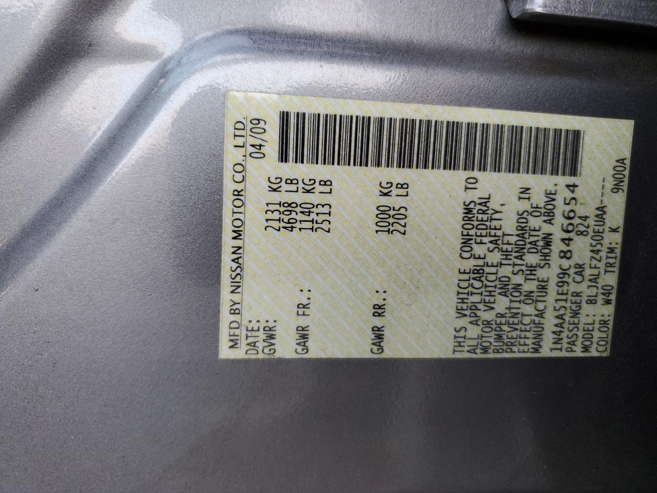 2009 Nissan Maxima VIN 1N4AA51E99C846654 Copart auction photo, front end damage thumbnail 12