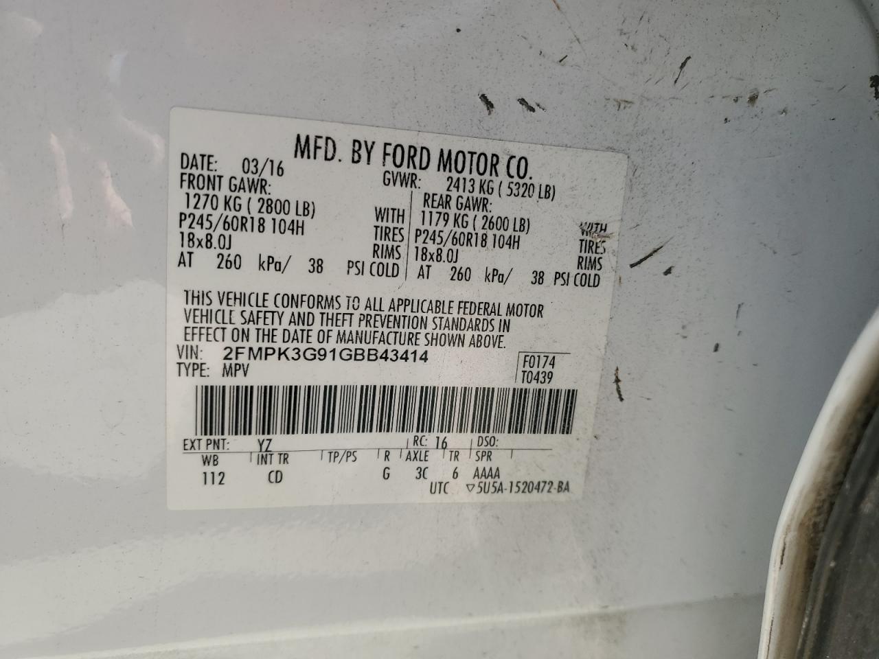 2016 Ford Edge VIN 2FMPK3G91GBB43414 Copart auction photo, front end damage thumbnail 14