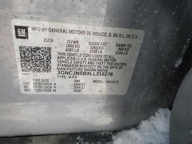 2020 Chevrolet Trax VIN 3GNCJNSBXLL216278 Copart auction photo, rear end damage thumbnail 12