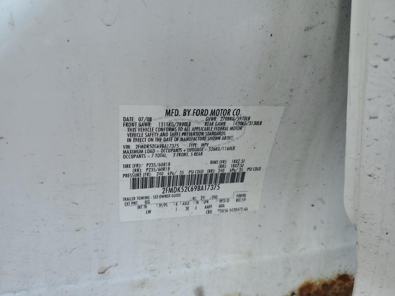 2009 Ford Flex VIN 2FMDK52C69BA17375 Copart auction photo, front end damage thumbnail 13