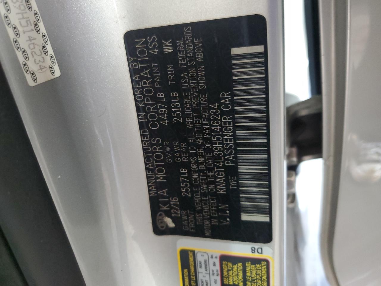2017 KIA Optima VIN KNAGT4L39H5146234 Copart auction photo, front end damage thumbnail 13
