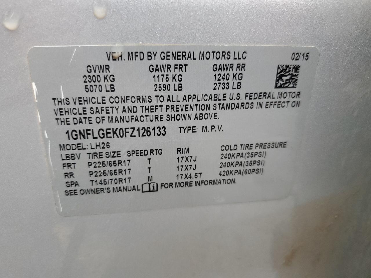 2015 Chevrolet Equinox VIN 1GNFLGEK0FZ126133 Copart auction photo, front end / minor dent/scratches damage thumbnail 14