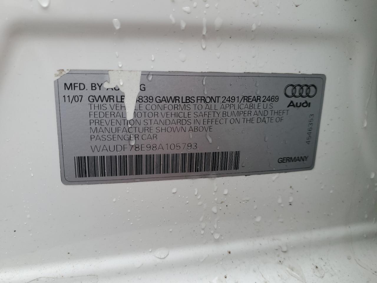 2008 Audi A4 VIN WAUDF78E98A105793 Copart auction photo, rear end / front end damage thumbnail 12