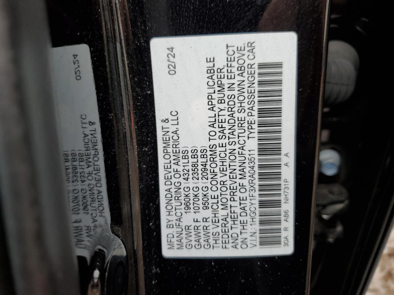 2024 Honda Accord VIN 1HGCY1F3XRA043511 Copart auction photo, front end / mechanical damage thumbnail 12