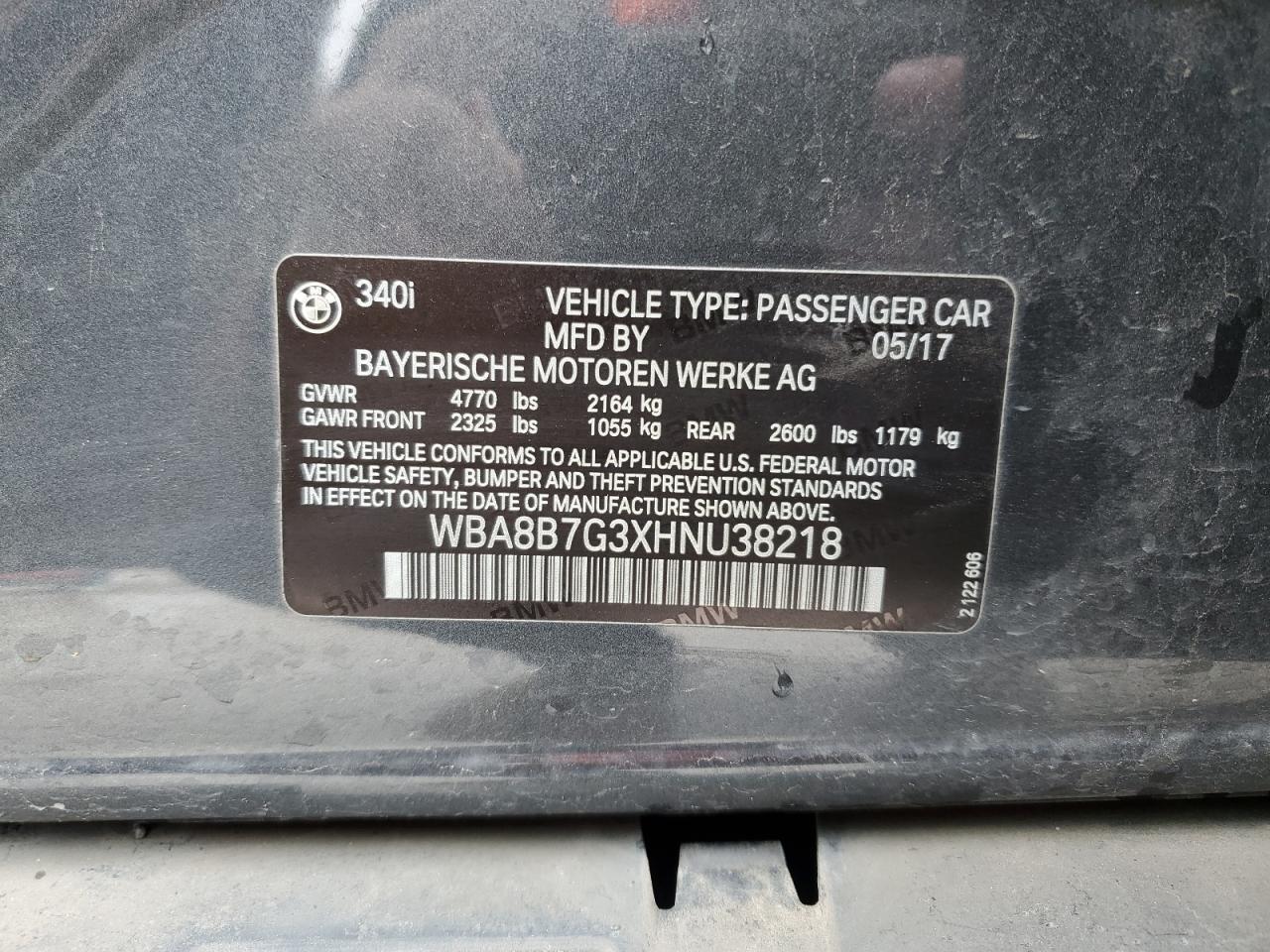 2017 BMW 3er VIN WBA8B7G3XHNU38218 Copart auction photo, all over / minor dent/scratches damage thumbnail 12