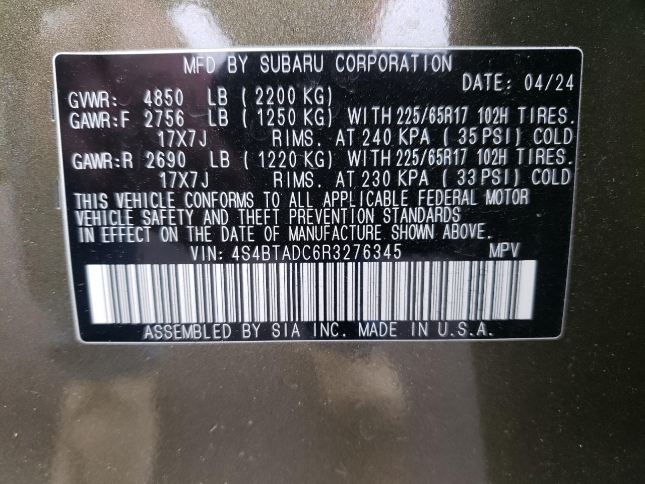 2024 Subaru Outback VIN 4S4BTADC6R3276345 Copart auction photo, front end damage thumbnail 14