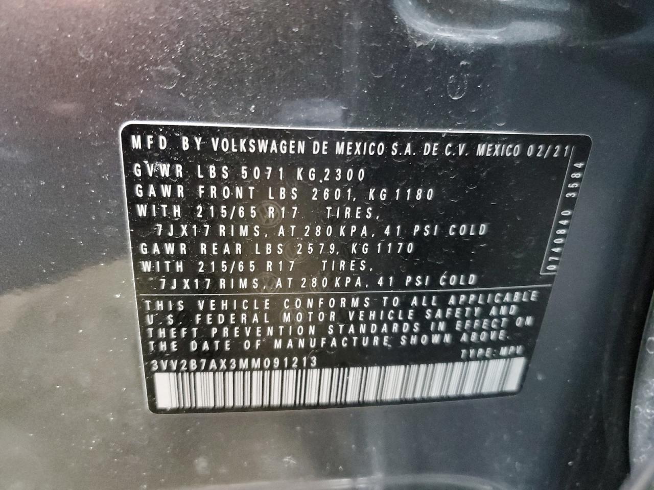 2021 Volkswagen Tiguan VIN 3VV2B7AX3MM091213 Copart auction photo, side damage thumbnail 13