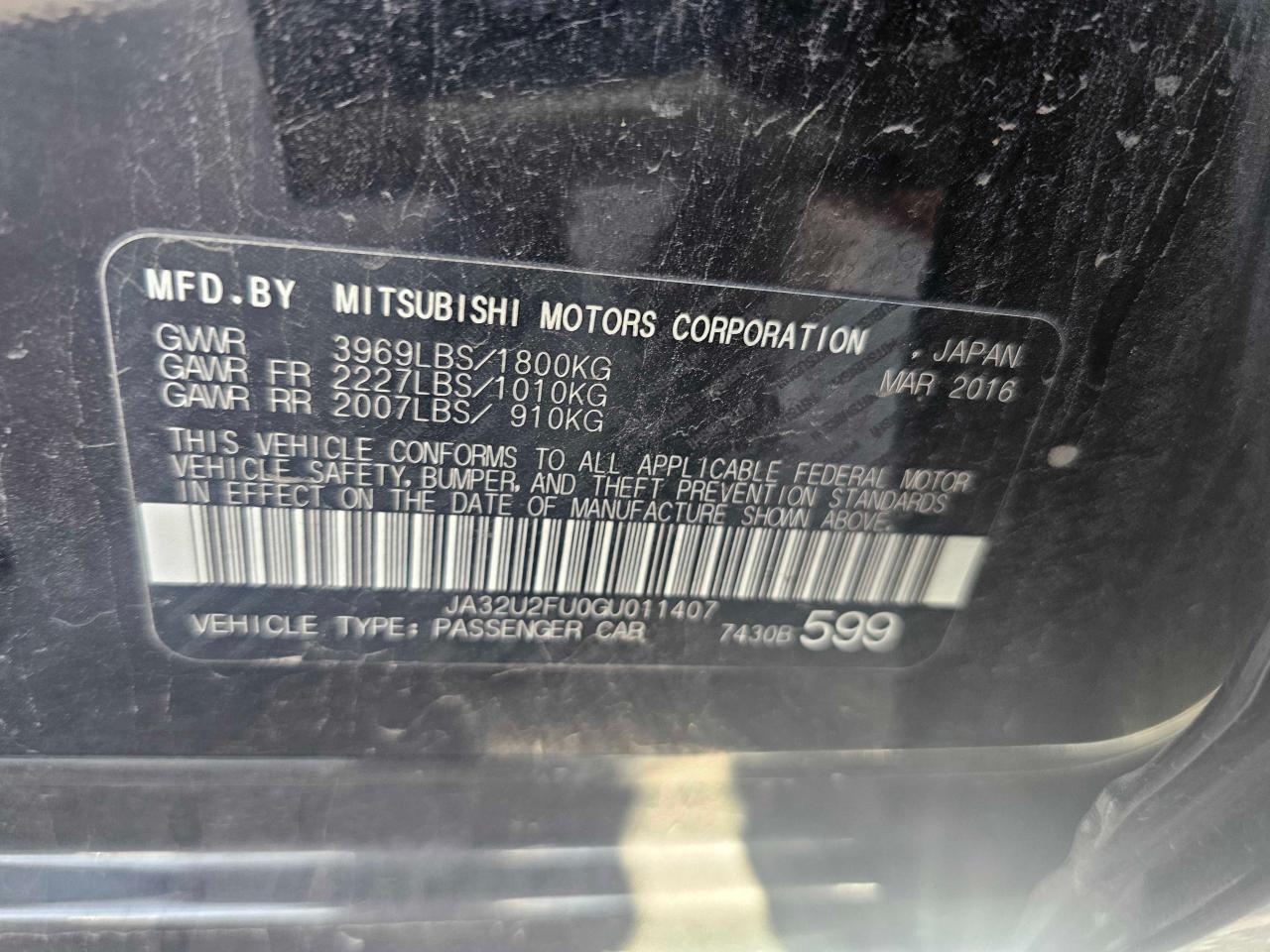 2016 Mitsubishi Lancer VIN JA32U2FU0GU011407 Copart auction photo, normal wear / minor dent/scratches damage thumbnail 10