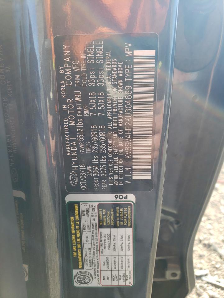 2019 Hyundai Santa Fe VIN KM8SM4HF2KU304869 Copart auction photo, mechanical damage thumbnail 13