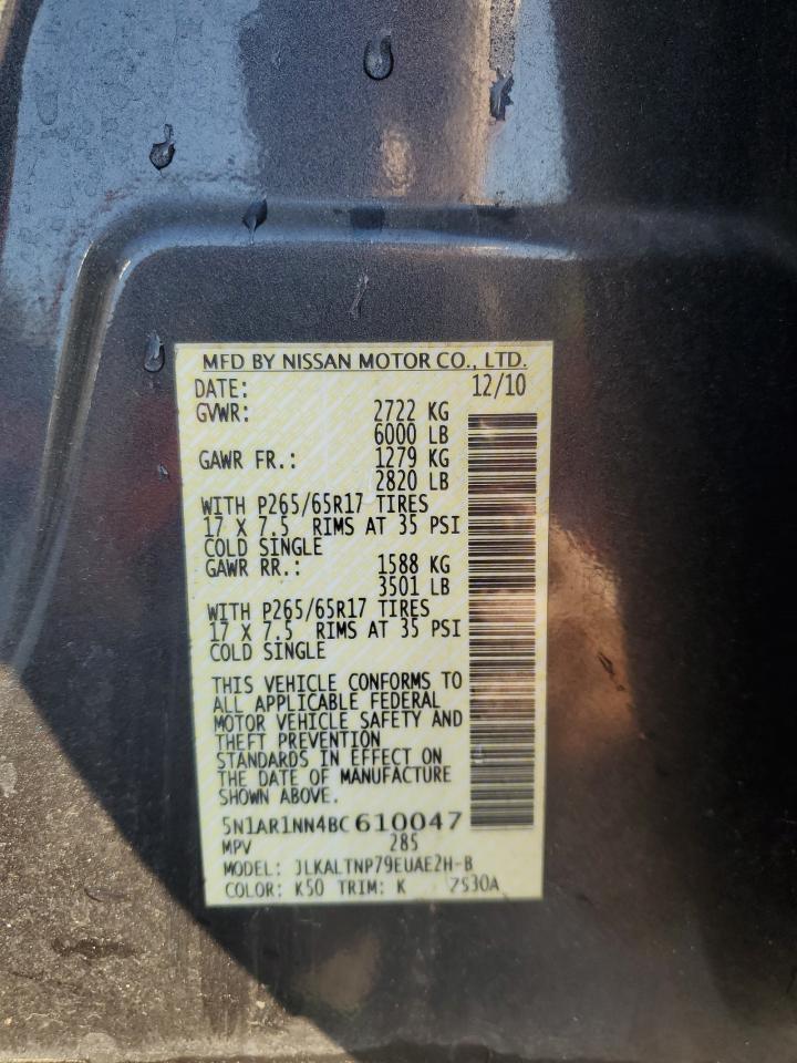 2011 Nissan Pathfinder VIN 5N1AR1NN4BC610047 Copart auction photo, front end / rear end damage thumbnail 13