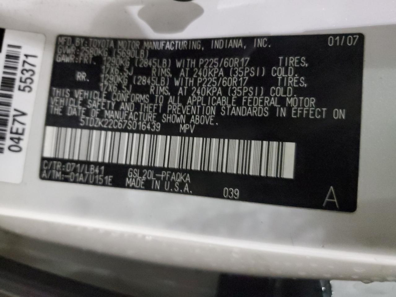 2007 Toyota Sienna VIN 5TDZK22C67S016439 Copart auction photo, front end / side damage thumbnail 14