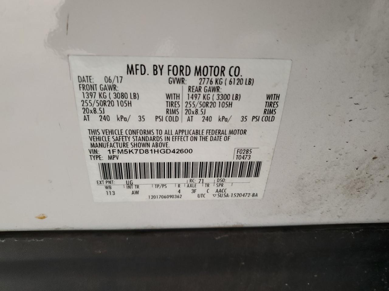 2017 Ford Explorer VIN 1FM5K7D81HGD42600 Copart auction photo, front end damage thumbnail 16