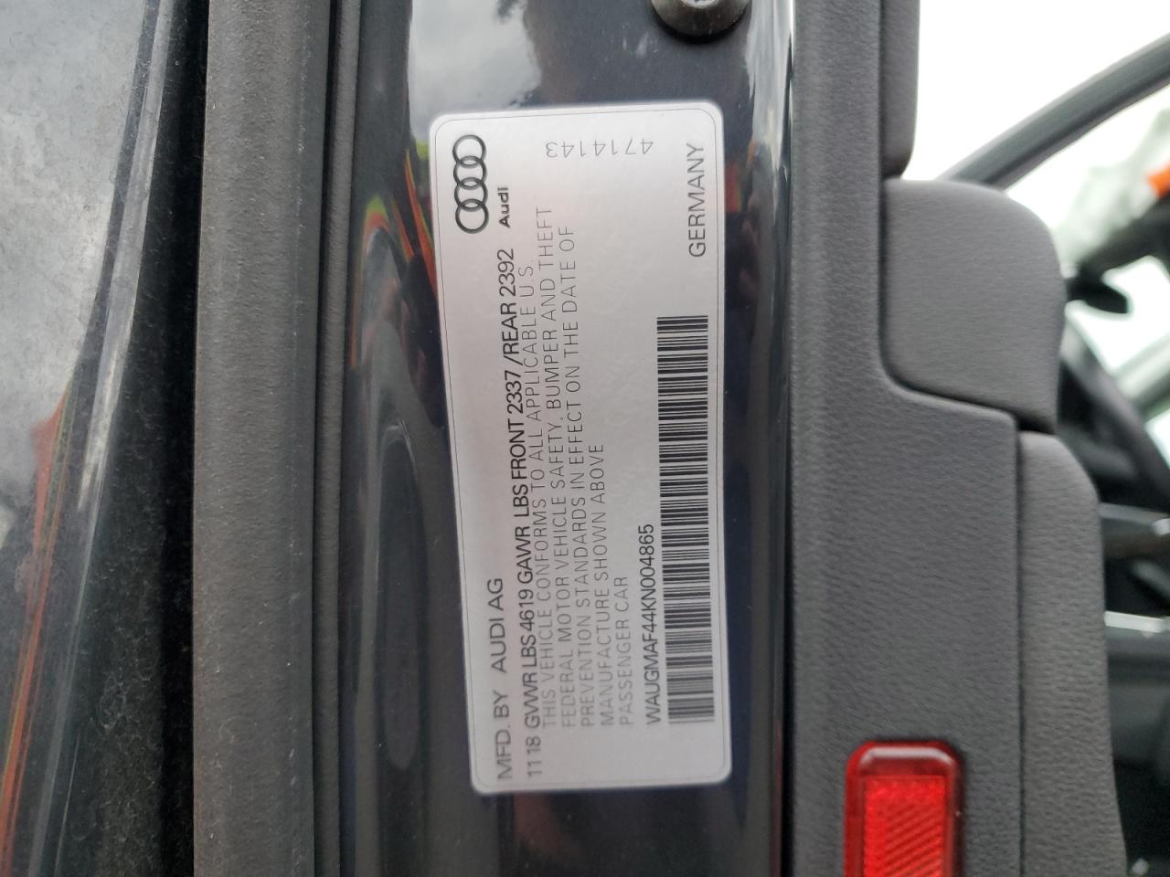 2019 Audi A4 VIN WAUGMAF44KN004865 Copart auction photo, side / rear end damage thumbnail 12