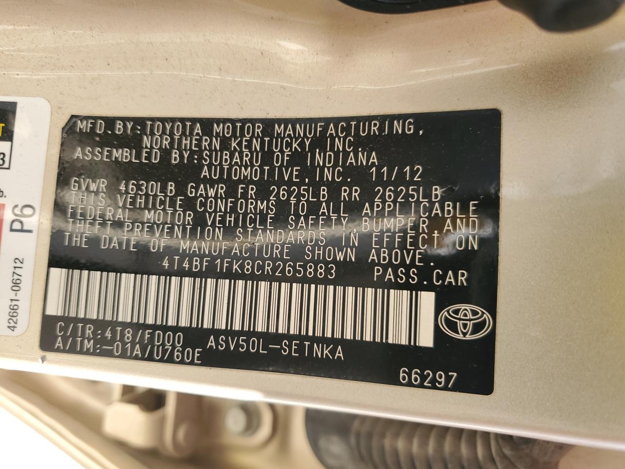 2012 Toyota Camry VIN 4T4BF1FK8CR265883 Copart auction photo, rear end / front end damage thumbnail 12