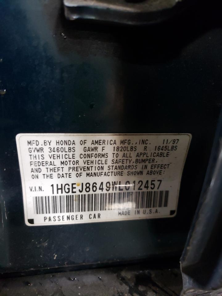 1998 Honda Civic VIN 1HGEJ8649WL012457 Copart auction photo, front end damage thumbnail 12