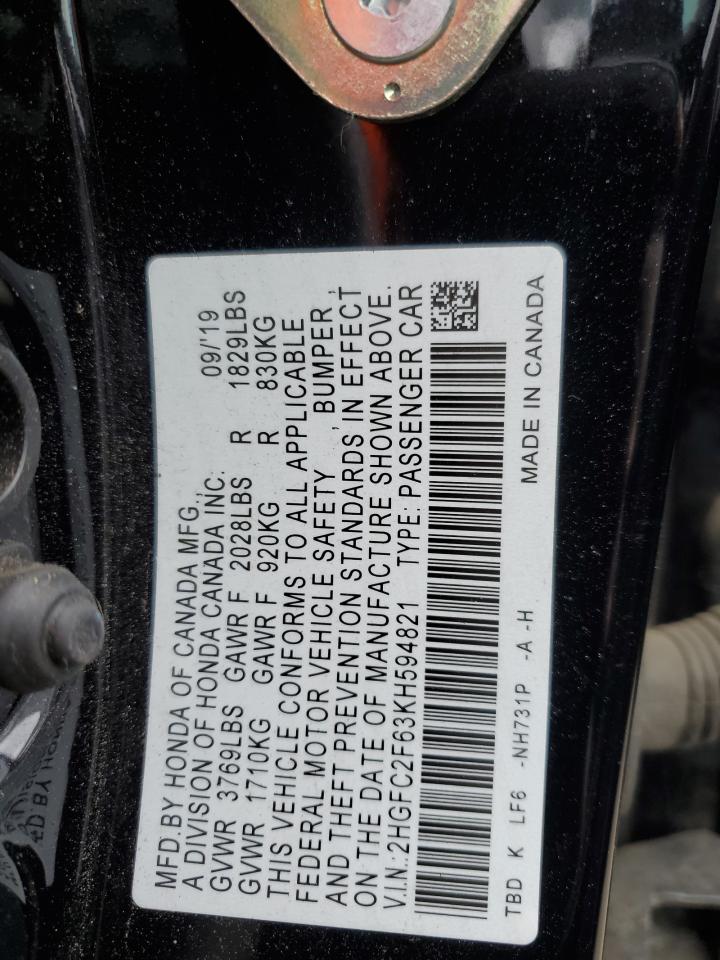 2019 Honda Civic VIN 2HGFC2F63KH594821 Copart auction photo, front end damage thumbnail 12