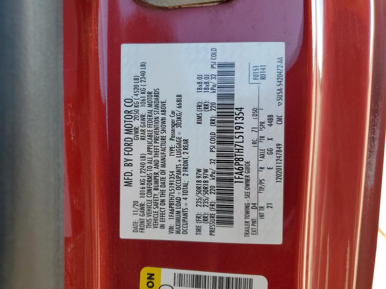 2020 Ford Mustang VIN 1FA6P8TH7L5191354 Copart auction photo, side / front end damage thumbnail 14